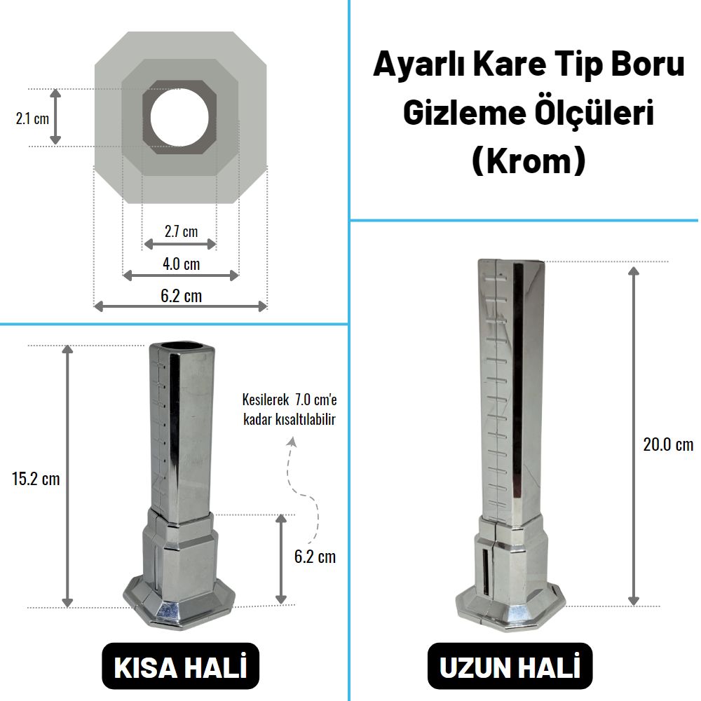 Uzun Tekli Kare Boru Gizleme Krom
